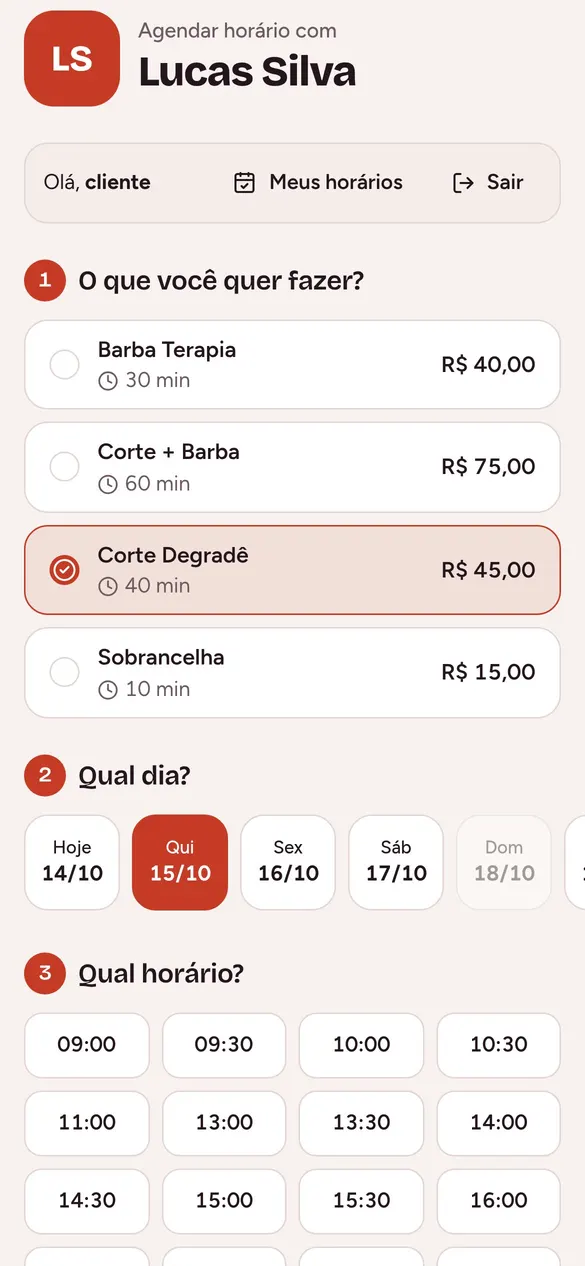 O cliente marca sozinho, pelo seu link